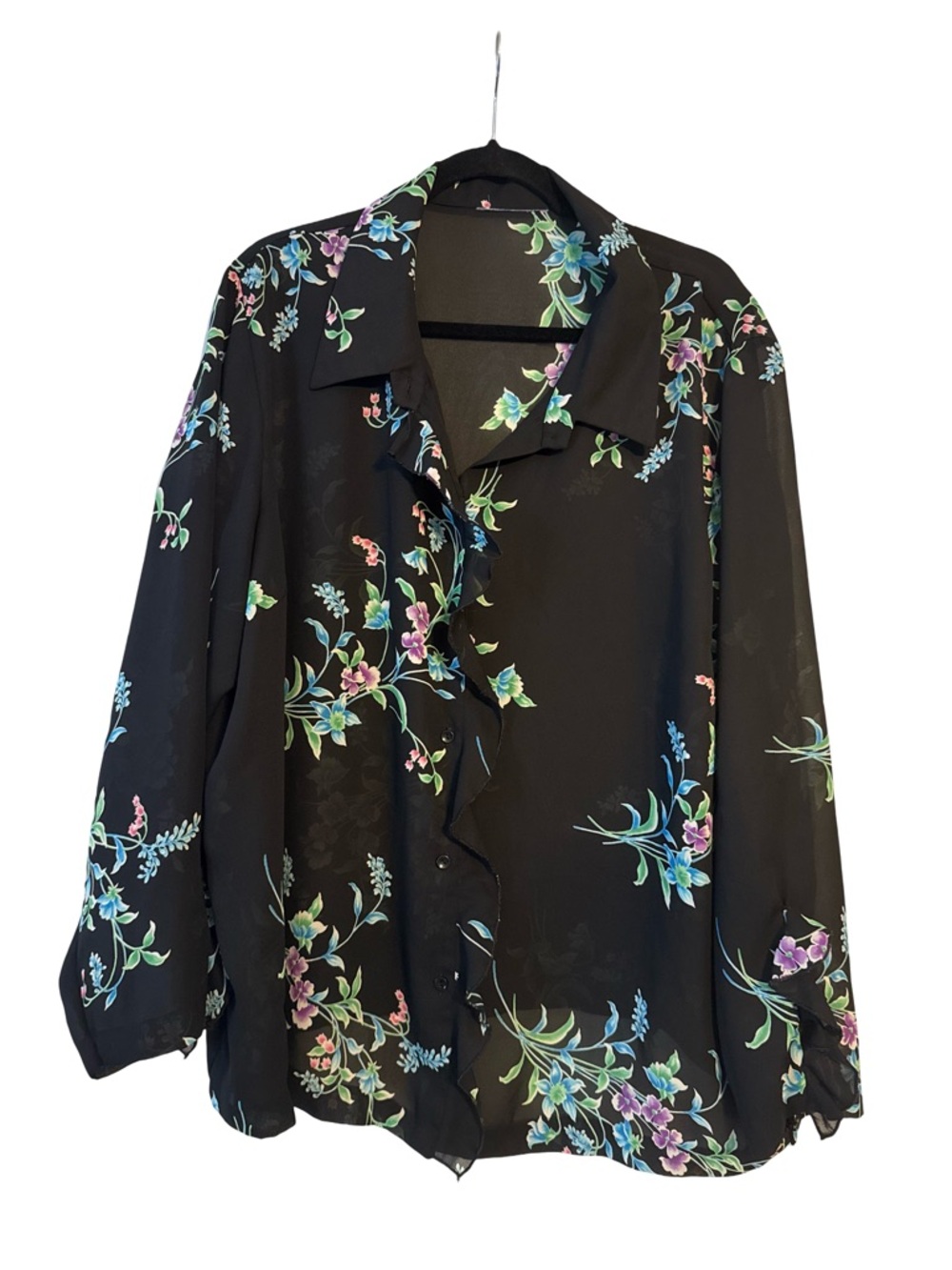 Black Floral Sheer Ruffle Button-Up Blouse